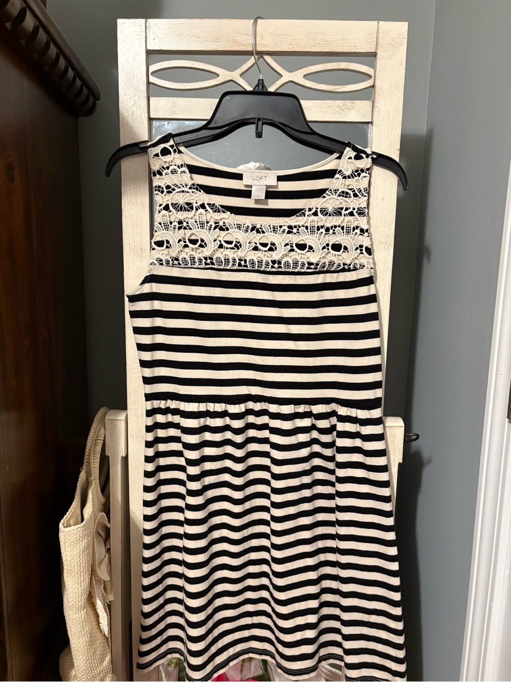 Loft  dress black and cream striped paired with a handmade jacket